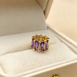 Gold-plated purple zirconia large hole wheel bead charm for DIY bracelet necklace jewelry.