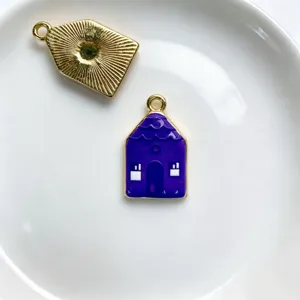 Copper plated DIY pendant charms, purple enamel house and textured tag for jewelry making.
