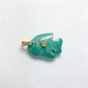 Green natural stone tropical fish pendant with sparkling zircon inlay and gold-tone bail detail