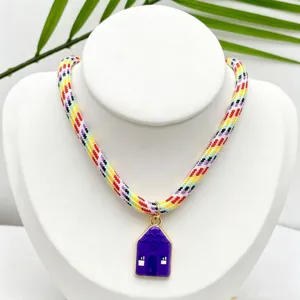 Colorful woven rope necklace with a cute purple house pendant, perfect for daily fashion wear.