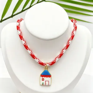 Charming handmade house pendant necklace featuring a red white braided rope chain for daily style.