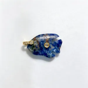 Natural stone tropical fish pendant detailed view, featuring blue gemstone and sparkling cubic zirconia.