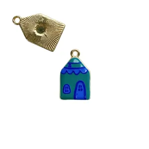 Copper plated enamel house pendant handmade DIY necklace earring jewelry making charm accessory.