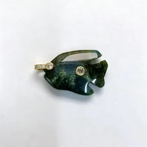 Natural moss agate carved tropical fish pendant with zircon inlay, elegant gemstone necklace charm.