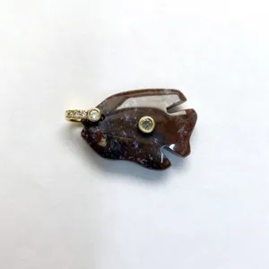 Natural stone tropical fish pendant with zircon inlay, elegant carved gemstone necklace charm.