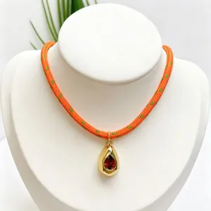 Chic colorful woven cord necklace with gold-plated teardrop red gemstone pendant detail.