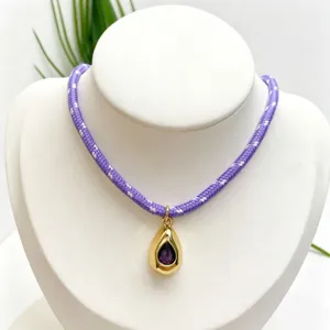 Fashion colorful braided rope necklace with teardrop pendant for women daily wear