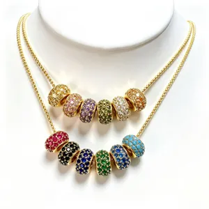 Double layer gold plated chain necklace with colorful pave zirconia barrel charm beads jewelry