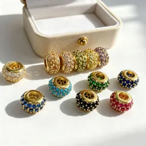 Gold-plated pave colorful cubic zirconia large hole charm beads for DIY bracelet necklace.