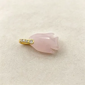 Natural rose quartz crystal little fish pendant with sparkling diamond gold-plated bail