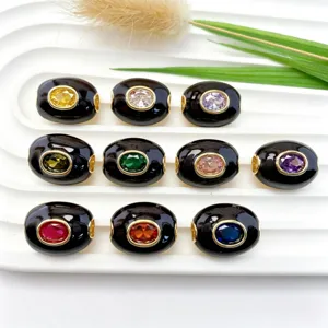 Perles tonneau émail noir incrustées cristaux colorés accessoires de bijoux DIY.