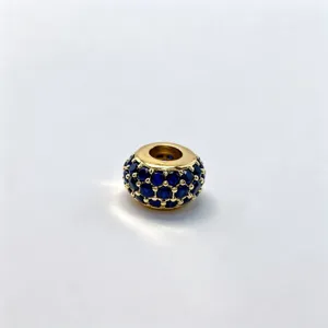 Gold plated micro pave blue cubic zirconia large hole charm bead for DIY bracelet necklace.