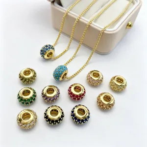 Gold-plated DIY charm necklace and colorful pavé zircon large hole beads set for bracelet making.