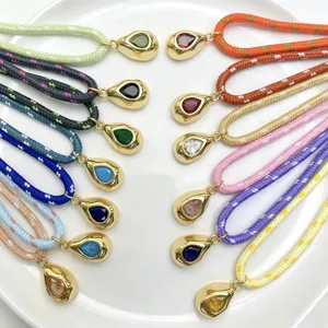 European American Braided Rope Waterdrop Zirconia Pendant Necklace For Women Vintage French Style Sweet Daily Jewelry Gift