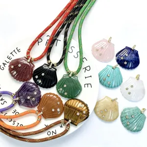 Naturstein Anhänger Halskette Mit Zirkonia Literarischer Retro Kristall Amethyst Rosenquarz Muschel Anhänger Schmuck Für Damen