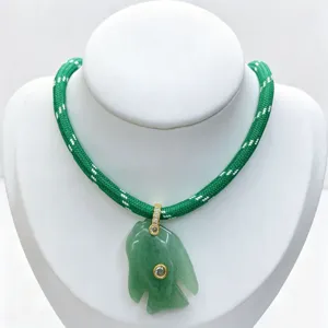 Green Jadeite Fish Pendant Necklace with Braided Rope and Zirconia Gold Accents for Women