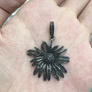 Gunmetal black flower pendant necklace with full black pavé rhinestones fashion jewelry
