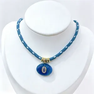 Collana in corda blu intrecciata con ciondolo in pietra naturale e zircone per stile moda