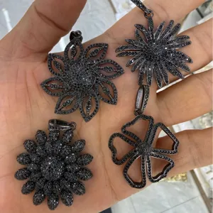Black pavé rhinestone flower pendant necklace set, gunmetal finish fashion jewelry