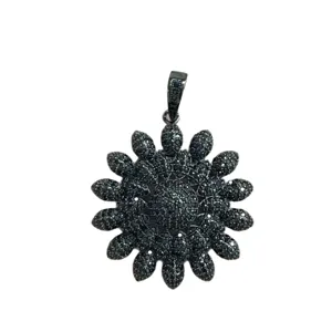 Black gunmetal flower pendant full paved with sparkling black crystals, fashion jewelry