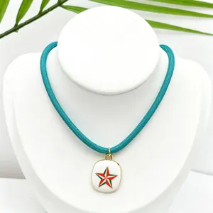 Turquoise cord necklace with white enamel red green star pendant fashion jewelry chic style