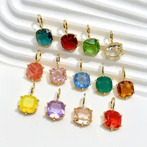 Colorful square zircon 18k gold plated copper DIY jewelry pendant accessories wholesale