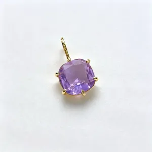 Cushion cut purple cubic zirconia pendant detail, 18k gold plated copper charm for diy jewelry.