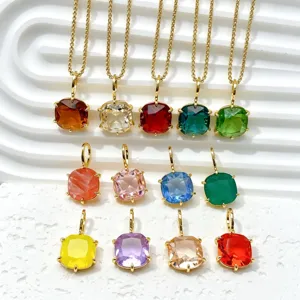 18K Gold Plated Copper Square Zirconia Pendant DIY Jewelry Accessories Colorful Gemstone Charm Pendant For Women
