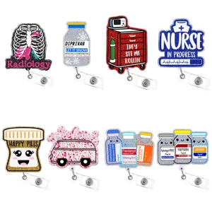 Carrete de Insignia Retractable Enfermera Tema Médico Acrílico Purpurina Portatarjetas Oficina Escuela Regalo