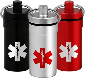 Aluminum emergency pill box container with keychain, waterproof seal design, medical cross.