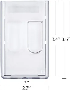 Transparante verticale plastic kaartshouder met duimslot en nauwkeurige afmetingen.
