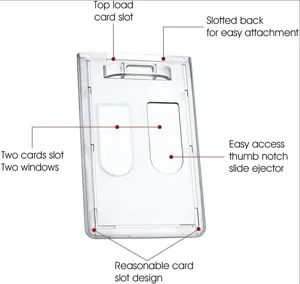 Transparante kaarthouder detail met dubbele sleuven, top-load opening en handige duimuitsparing.