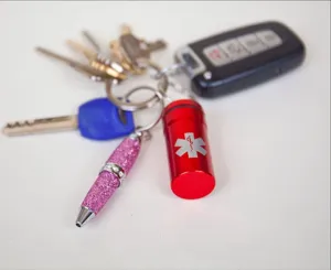Aluminum emergency pill box keychain, waterproof pill holder container with cute glitter pen.