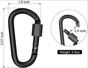 Karabiner Detailansicht mit Schraubverschluss, Maße 3,07 Zoll Höhe und 0,8 Zoll Öffnungsweite.