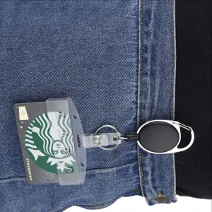 Dettaglio porta badge in plastica trasparente con custodia orizzontale e bobina retrattile.