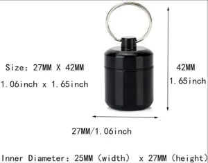 Petite boîte à pilules étanche en aluminium conteneur de survie avec porte-clés 27x42mm.