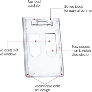 Verticale transparante PC pashouder met dubbele vensters en topkaart gleuf voor ID badges.