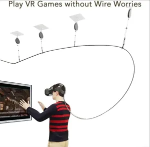 VR cable management system detail showing ceiling retractable pulleys for wire-free gaming experience.