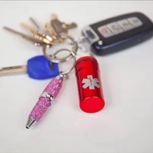 Aluminum emergency pill bottle keychain waterproof metal pill holder container with cute pen