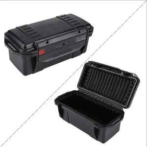 Detail view of black waterproof hard tool case with protective foam lining and secure latches.