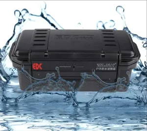 Outdoor waterproof shockproof storage box with pressure valve, durable black EDC gear case.