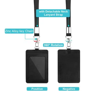 Portatarjetas negro con cordón para el cuello desmontable y gancho giratorio de 360 grados.