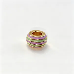 Gold plated metal large hole spacer bead with purple and green enamel stripes for DIY jewelry