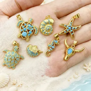 DIY Série Océan Pendentif en Cuivre Plaqué Or Tortue Étoile de Mer Coquillage Charme Animal Pour Collier Fabrication de Bijoux