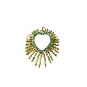 Gold-plated sunburst heart pendant with blue zircon micro-set details for DIY jewelry making.