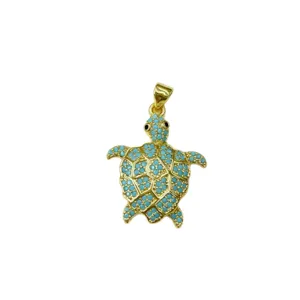 Chic pendentif tortue de mer marine plaque or turquoise incruste accessoire bijoux