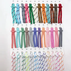 Detalle de muestra de cordón colorido con números 37 a 72, cuerda trenzada para pulseras DIY.