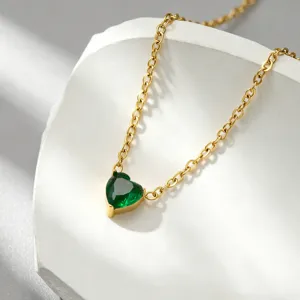 18k gold plated titanium steel necklace featuring a dark green heart cubic zirconia pendant.