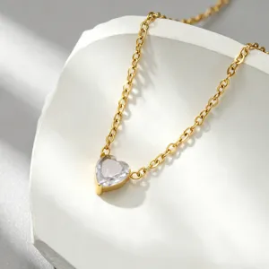 Exquisite 18k gold plated titanium steel heart cubic zirconia pendant necklace detail view.
