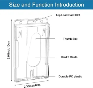 Portatarjetas transparente de doble ranura con carga superior, dimensiones de 10x6 cm.